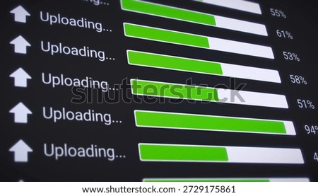 Illustration of the process of uploading multiple files from the Internet on a computer monitor screen. A computer monitor displaying information about the data upload in real time, including percentages.