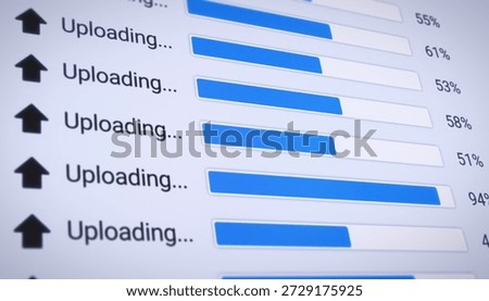 Illustration of the process of uploading multiple files from the Internet on a computer monitor screen. A computer monitor displaying information about the data upload in real time, including percentages.
