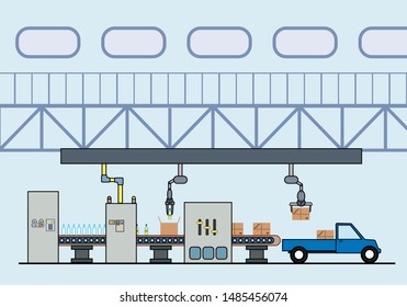 Illustration; a production line with; automation and interface concept; Smart industry 4.0