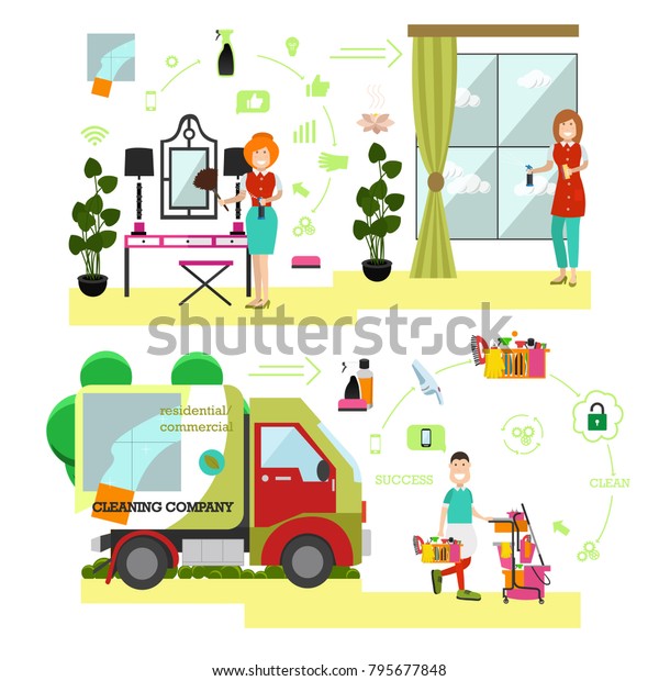 Illustration of professional cleaning ladies\
washing window, furniture, cleaner male with trolley came by car.\
Cleaning people symbols, icons isolated on white background. Flat\
style\
design.
