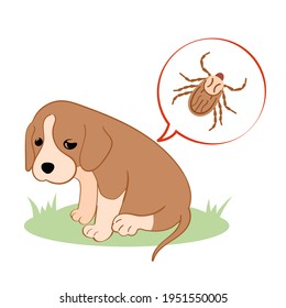 Illustration Puppy Dog Feels Bad From A Tick Bite. Tick Season, Dog Grooming