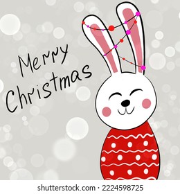 Illustration rabbit in garland Christmas lights  Christmas Eve winter background illustrations for greeting cards  posters  banners