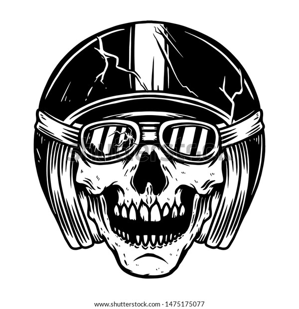 Illustration of racer skull in\
motorcycle helmet. Design element for poster, flyer, card, banner.\
