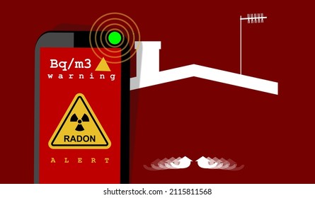 ILLUSTRATION Of RADON TESTING. Alert Signal, Danger. Radioactive, Colorless, Odorless, Tasteless Noble Gas. Accessories And Detectors Next To Silhouette Of A House. Air Toxicity Monitoring Equipment.