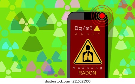 ILLUSTRATION Of RADON TESTING. Alert Signal, Danger. Radioactive, Colorless, Odorless, Tasteless Noble Gas. Accessories And Detectors Next To Random Colorful Symbols. Air Toxicity Monitoring Equipment