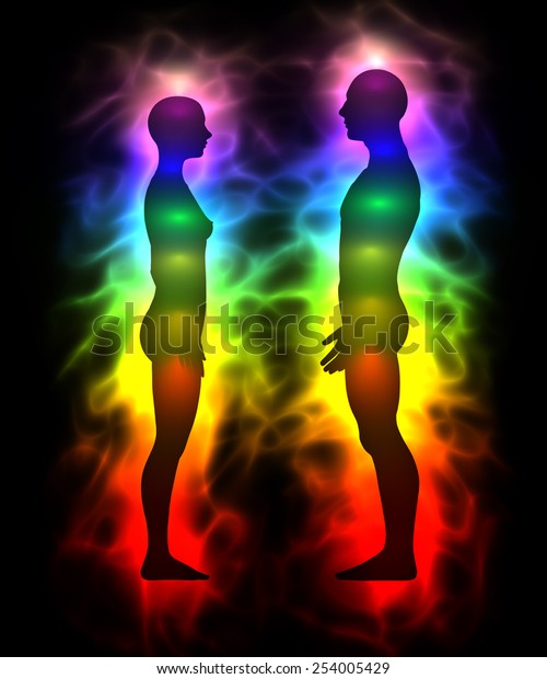 虹の人間のオーラのイラスト オーラとチャクラのシルエット のイラスト素材 254005429