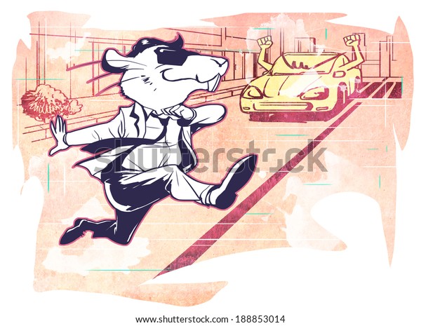 Illustration of\
rat running in front of sports car\
