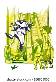 Illustration Of Rat Sliding Down Escalator Railing 