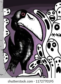 Illustration Of A Raven With Ghost. Inspired By Edgar Allan Poe