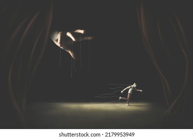 Illustration Of Rebel Scared Wooden Puppet Running Far Away, Surreal Abstract Freedom Concept