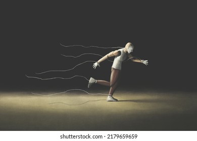 Illustration Of Rebel Wooden Puppet Running Far Away, Surreal Abstract Freedom Concept