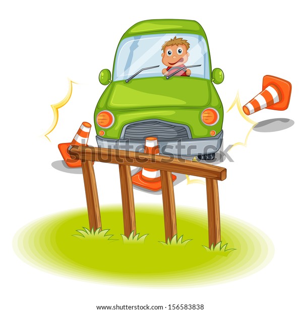 Illustration of a reckless driver bumping the\
traffic cones on a white\
background