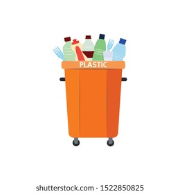 Illustration Of Recycle Trash Bin For Plastic Type Of Garbage In Flat Style Isolated On White Background - Orange Waste Container Full Of Used Disposable Tableware And Plastic Bottles.