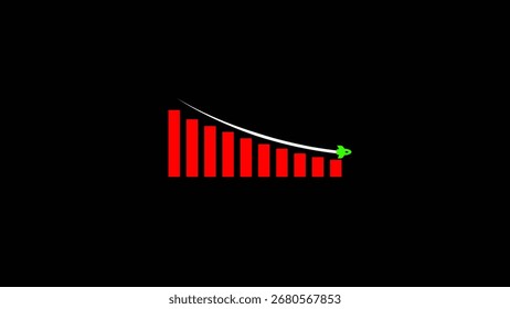 Illustration of a red declining bar chart with a rocket symbolizing a fall in value against a black background