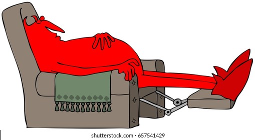 Illustration Of A Red Devil Sleeping On A Brown Recliner Chair.