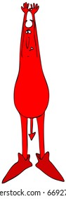 Illustration Of A Red Devil Stretching With Arms Above His Head.