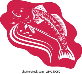 Illustration Of A Red Drum Spottail Bass Fish Jumping Swimming Done In Retro Woodcut Style.