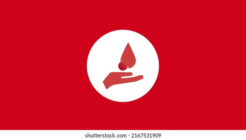 Illustration of red hand with drop in white circle against red background, copy space. International day of charity, donation, volunteer, support, awareness and celebration concept.