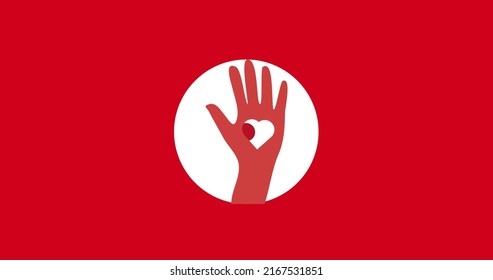 Illustration of red hand with heart shape in white circle over red background, copy space. Love, international day of charity, donation, volunteer, support, awareness and celebration concept.