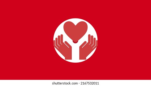 Illustration of red hands with heart shape in white circle over red background, copy space. International day of charity, love, donation, volunteer, support, awareness and celebration concept.