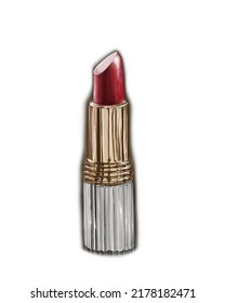 Illustration Of Red Lipstick In Shiny Metal Tube. 