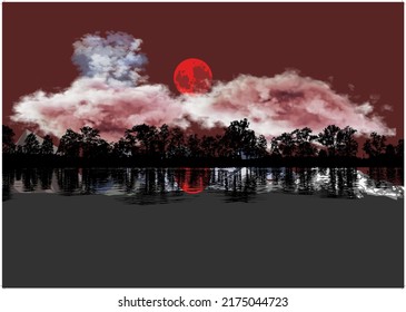 Illustration Of Red Moon Night In The Lake Side .