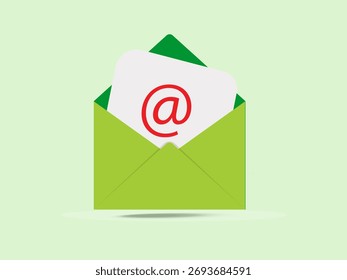 Illustration of a red open envelope containing a card with an email symbol. Concept design representing digital communication, email marketing, message delivery, and online contact. Perfect for we