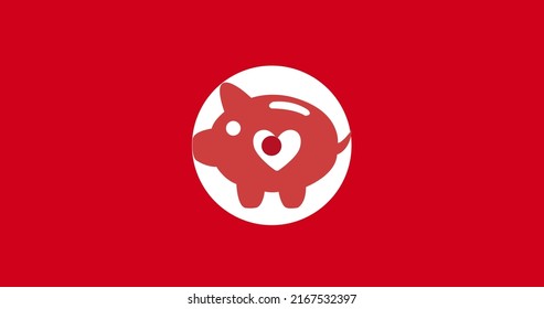 Illustration of red piggybank with heart shape in white circle against red background, copy space. Savings, finance, love, international day of charity, donation, volunteer, support, awareness.