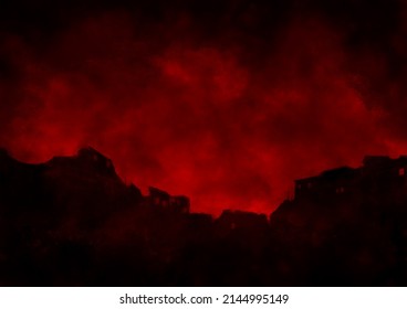 Illustration red of the ruined city in the fog