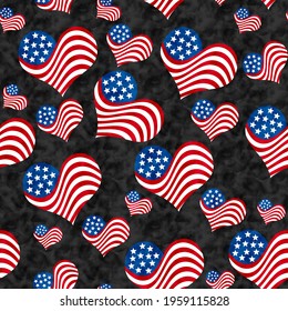 Illustration red, white and blue USA flag hearts pattern background that is seamless and repeats