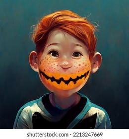 Illustration Of A Redhead Kid With Freckles With Halloween Face Painting