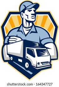 Illustration Of A Removal Man Delivery Guy With Moving Truck Van In The Foreground Set Inside Shield Crest Done In Retro Style.