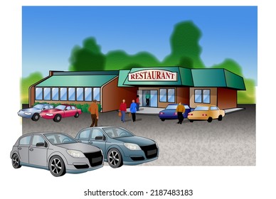 Illustration Of A Restaurant Building Plus People And Cars In Parking Lot