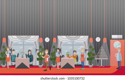 Illustration of restaurant interior with visitors drinking wine and reading menu while sitting at tables, waiters and waitresses taking order, serving meals. Flat style design.