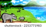 illustration of rhinoceros,horeses,swans and snake in wild life