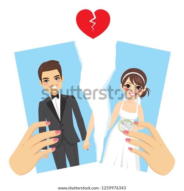 Illustration ripped photo divorce\
concept with female hands breaking apart wedding day\
portrait