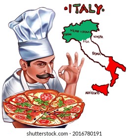 Illustration. Roast pizza and a map of Italy. Italian pizza chef. Hot pizza. Italian food. - Powered by Shutterstock