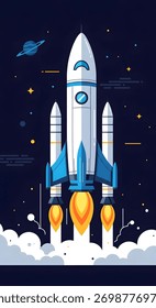 Illustration of a rocket taking off, featuring a white and blue rocket with flames, set against a dark blue space background with stars and a planet.
