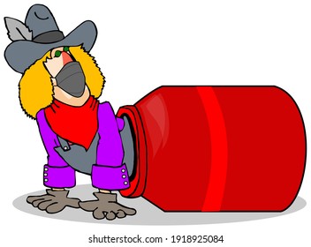Illustration Of A Rodeo Clown Wearing A Face Mask Looking Out From His Protective Barrel.