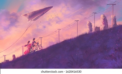 illustration  romantic moment of Couple cycling on road in sunset time
 - Powered by Shutterstock