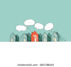 Illustration Of A Row Of Houses At Night With Red House And Empty Speech Bubbles