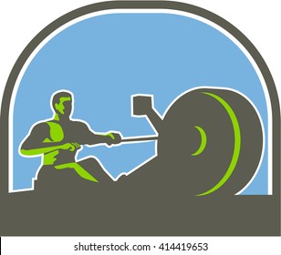 Illustration Of A Rower Exercising On A Rowing Machine Viewed From The Side Set Inside Half Circle Done In Retro Style. 