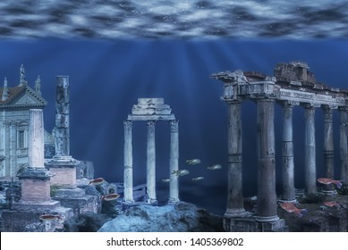 Illustration Of The Ruins Of The Atlantis Civilization. Underwater Ruins