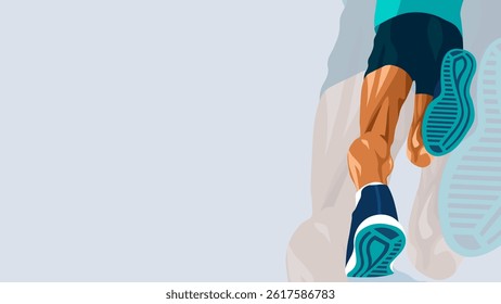 Illustration of a runner in motion, captured from the back, showcasing muscular legs and athletic shoes. Ideal for fitness, sports, and health themes, symbolizing energy, speed, and determination.