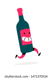 Illustration Of A Running Bottle Of Wine.  Character Bottle With Wine Or Liquor. Icon For Site On White Background. Sign, Logo For The Store Alcoholic Products. Delivery Of Alcoholic Beverages.