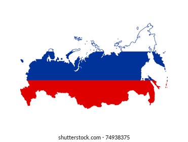 Illustration Of The Russian Federation Flag On Map Of Country; Isolated On White Background.