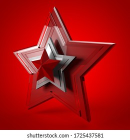 Illustration To Russian Holiday 9 May Victory Day In The Great Patriotic War. The Second World War. Soviet Army 3d Silver And Glass Star On Red Background.