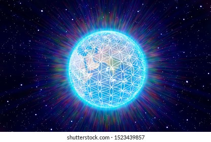 illustration of the sacred symbol "flower of life" positioned on the planet earth