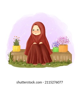 Illustration Of A Sad Muslim Girl With Blooming Flowers