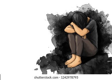 illustration of sad woman hug her knee and cry with copy space
